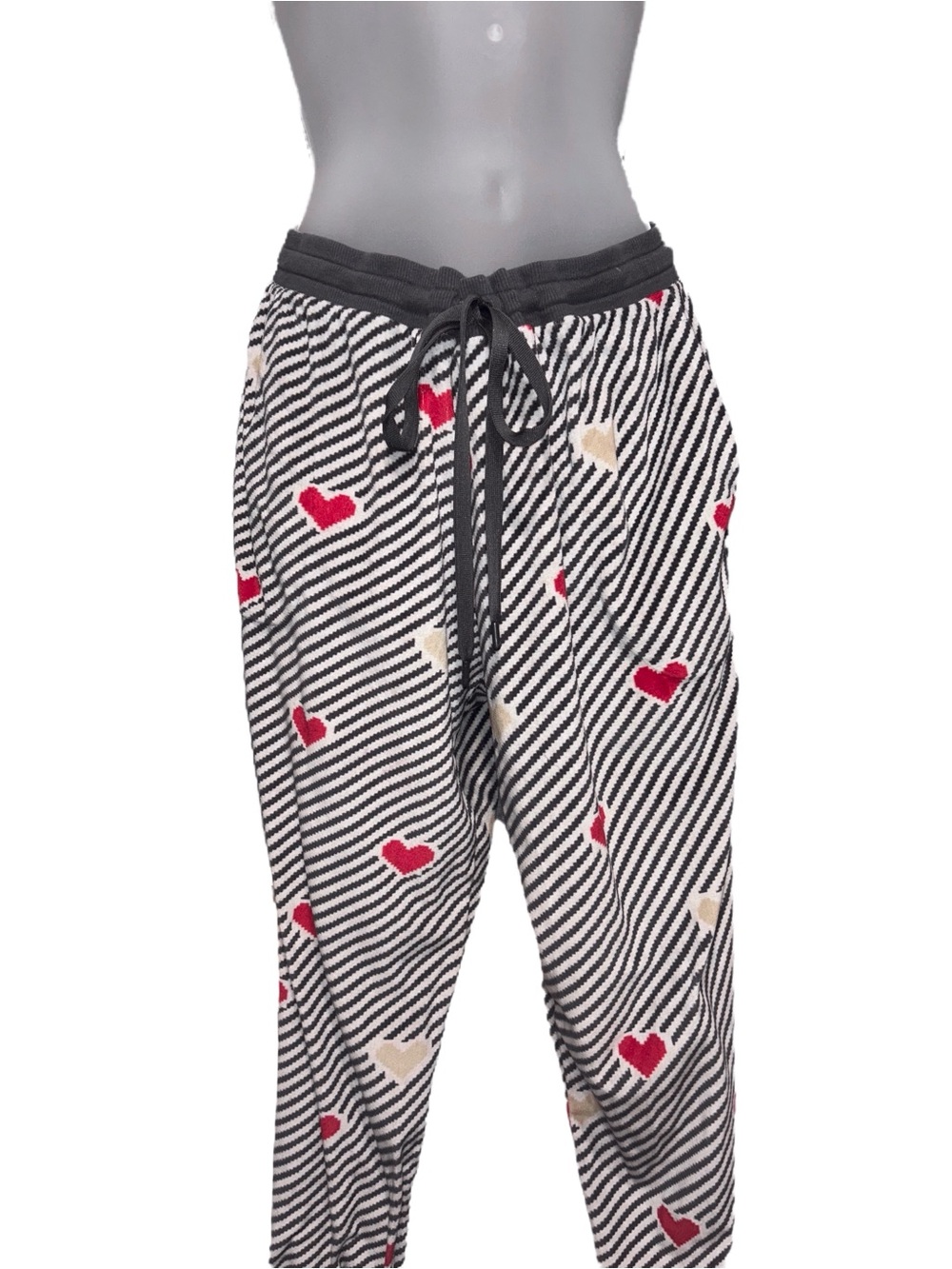 Striped Heart Print Jogger Pants in Black, Red & Cream